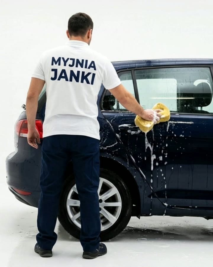 Pracownik myjni ręcznie myje gąbką granatowe auto